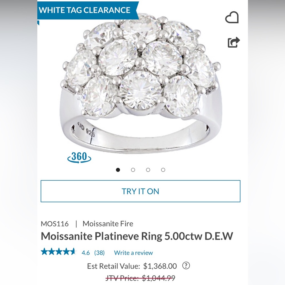 Moissanite Platineve Ring 5.00ctw D.E.W. NWOT!